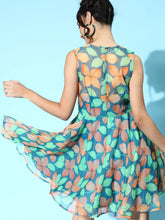 SASSAFRAS - Blue Floral Organza Sleeveless Skater Dress